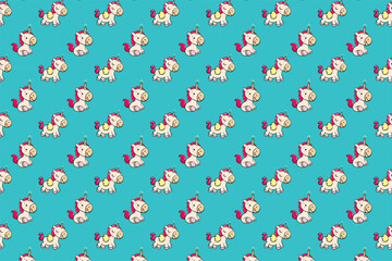 cute happy unicorn on turquoise isolated background for girls seamless endless pattern vector illustration