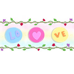 Three Circle of Love Spelling and a pink heart In the middle with cute flowers and pastel background for Valentine's day 