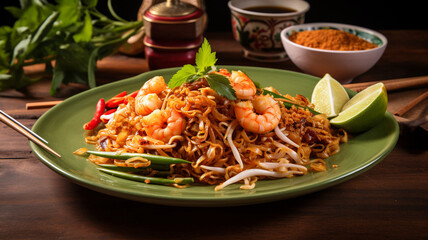 Authentic Pad Thai with shrimp, lime, and peanuts served on a rustic green plate, surrounded by Thai spices.