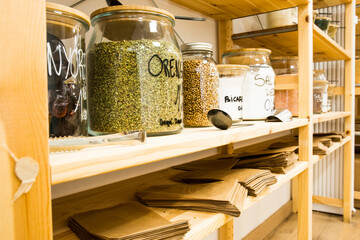 Self service bulk organic food. Eco-friendly zero waste shop. Small local business. Oregano, baking soda