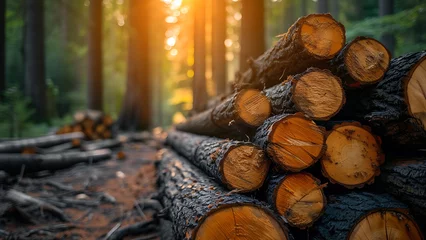 Poster Log trunk stack, logging lumber industry. © Art.disini