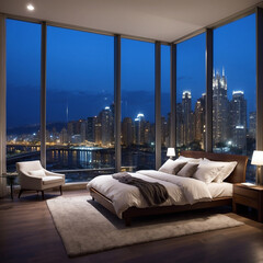 Wide view of city through the huge bedroom glass windows