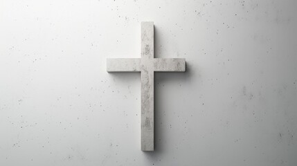 Modern Stone Cross on Textured White Background. A stone textured cross centered on a white speckled background, embodying a modern take on religious symbolism.
