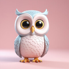 Fototapeta premium Cartoon plastic brown cute standing owl with big eyes isolated on pastel color background, 3d render illustration