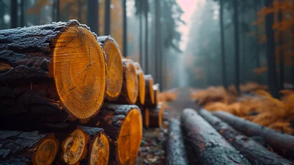 Fotobehang Log trunk stack, logging lumber industry. © Art.disini