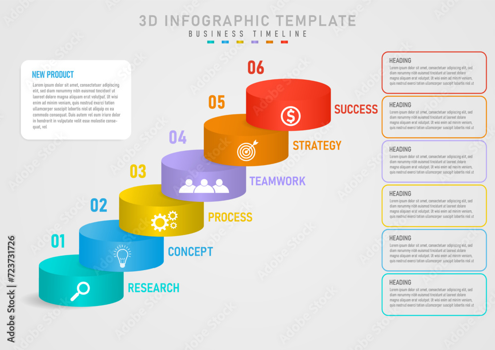 Wall mural 3d infographic 6 steps business planning geometric circle shapes multi colored gradients stacked ver