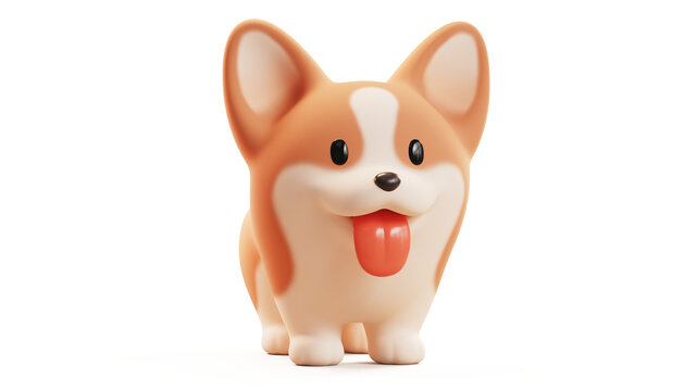 Simple fat cute funny kawaii fluffy cartoon orange corgi puppy, dot eyes, red tongue sticking out of mouth in standing playful pose. Lovely adorable pet minimal style. 3d render isolated transparent.