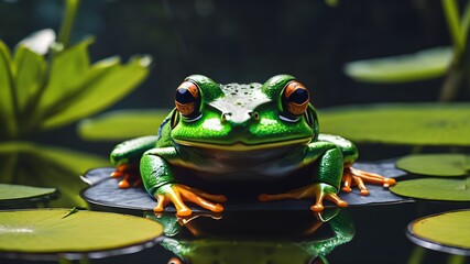 portrait frog in the leafs pond , fantasy theme 