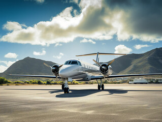 A sleek private jet on a sunny day, ready to take off into the blue skies.