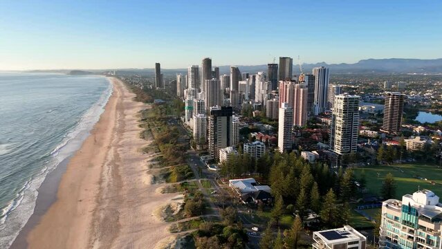 Gold Coast, Australia: Aerial view of skyscraper skyline of famous resort city on east coast of Queensland, Surfers Paradise Beach and Pacific Ocean