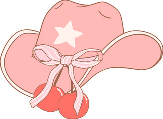 Coquette Cowgirl hat with cherries  and pink ribbon bow 