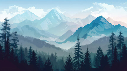 Artistic Flat 2D Vector Depiction Unfolding the Mountain Landscape