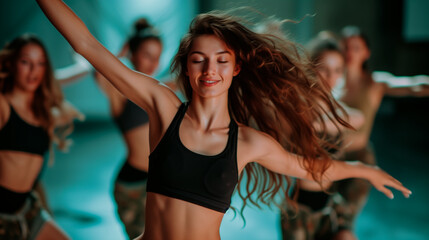 Energetic young woman leading a diverse dance group, expressing joy and passion in a lively dance studio session.
