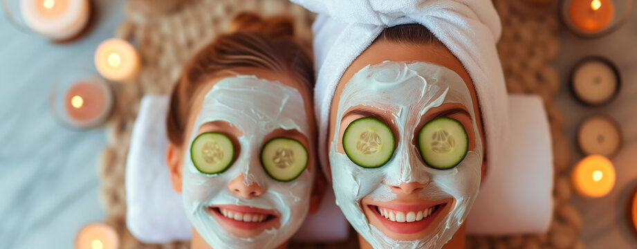 Mother and daughter enjoying a spa day at home with facial masks and cucumber slices, a moment of relaxation and bonding.

