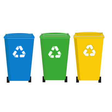 Panneau avec trois containers indiquant le tri s&eacute;lectif des d&eacute;chets: plastique, verre, papier