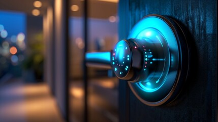 An electronic lock with voice recognition capabilities, illustrating the futuristic and secure nature of biometric authentication in home access control.