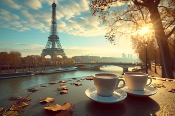 Tuinposter Parijs coffee on table and Eiffel tower in Paris