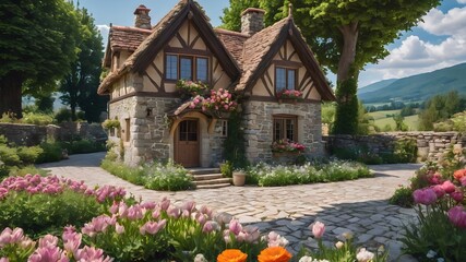 english country house in Europe village , beautiful fantasy view, fairy tail 