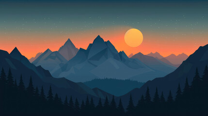 Majestic sunrise over flat mountain peaks - obrazy, fototapety, plakaty