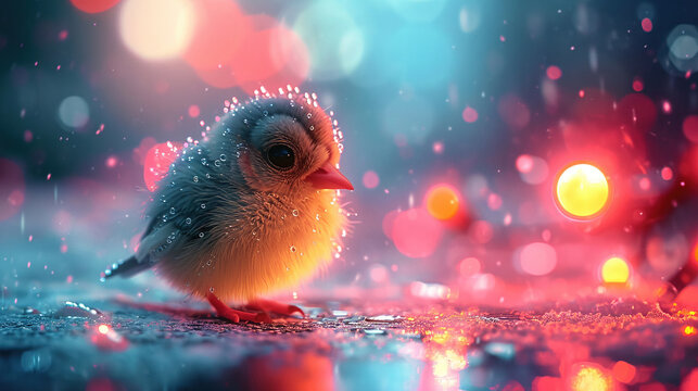 sfondo o wallpaper di uccellino tra luci colorate  con luce calda del sole ed effetti bokeh, senso di pace e calma, dolcezza infinita, 