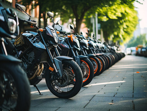 A lineup of motorcycles parked meticulously in a row, standing side by side in harmony.