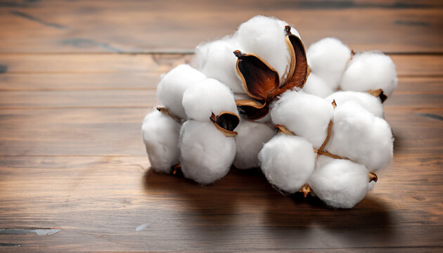 Fluffy cotton ball of cotton plant on the wooden table. with free space for text