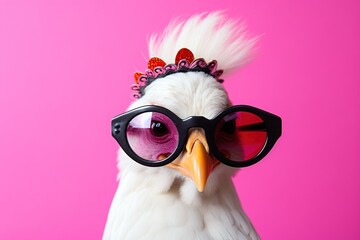 Naklejka premium A chic white chicken accessorized with black rimmed glasses posing in front of a bold, colorful background