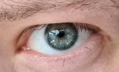 Obraz premium Close up young mans eye, look from under eyelids. Eye movements and gaze direction. True intentions and emotional state man. Look creates serious atmosphere, business communication