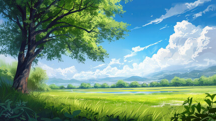 Step Into the Cartoon Landscape of a Bright Day, Scenic Green Fields and Towering Trees
