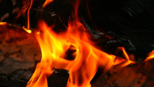 burning wood and paper. firewood is burning. tongues of flame. orange flame. bonfire. wood-fired cooking. firewood is burning for cooking barbecue