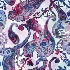 Seamless hand painted watercolour Multicolour paisley pattern. Persian pattern Traditional paisley watercolour digital paisley.