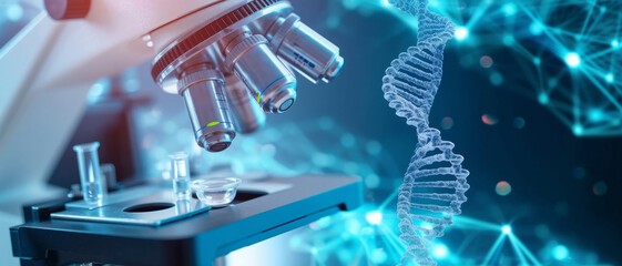 The frontier of genetic research: a microscope focuses on the marvel of DNA, the blueprint of life