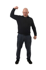 front view of a man showing her bicep on white background