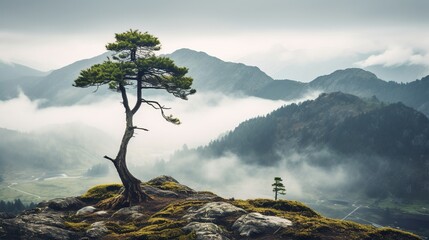 A lone pine tree standing tall amidst mist on a mountain peak, with raindrops glistening in the sunlight