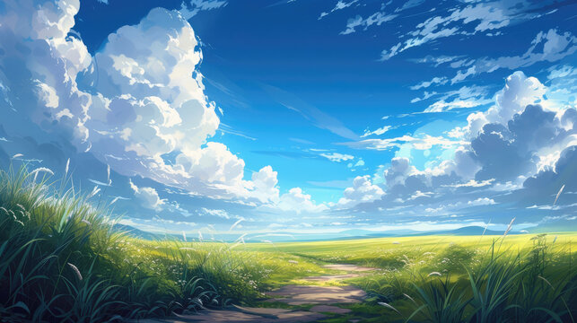 Wander Through a Sunny Day Cartoon Landscape, A Green Meadow with Majestic Trees