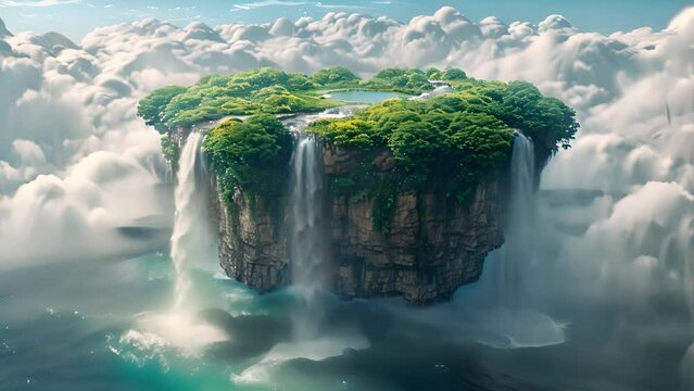 Flying Island. Fantasy paradise land with waterfall, trees, mountains, clouds. Floating tropical land with beautiful scenery. white clouds moving and Island floating in the sky.Magical landscape mp4