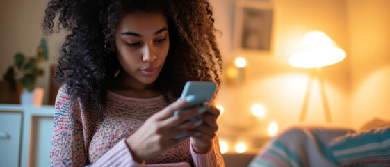 A young woman checks her phone, potentially using a menstruation tracking app, in the cozy ambiance of her room - obrazy, fototapety, plakaty