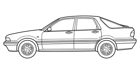 Outline drawing of a hatchback car from side view. Classic 80s, 90s style. Vector outline doodle illustration. Design for print or color book.	
