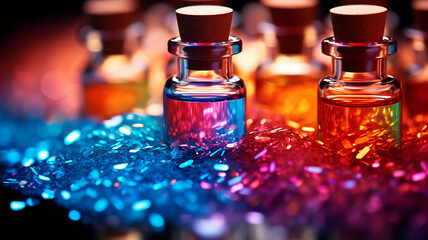 Small Glass bottle cork lid sitting on vibrant multi-colored glass glitter with similar bottles in the background.