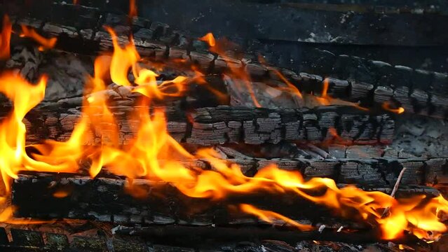 burning wood and paper. firewood is burning. tongues of flame. orange flame. bonfire. wood-fired cooking. firewood is burning for cooking barbecue