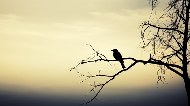 Artistically rendered silhouette of a solitary bird resting on a desolate tree limb, with ample copy space for text