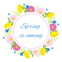 Vector spring flowers frame, wreath. Round frame with tulips and summer flowers isolated on white background. Spring illustration