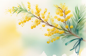 Mimosa branch with ribbon painted in watercolor on a gentle background