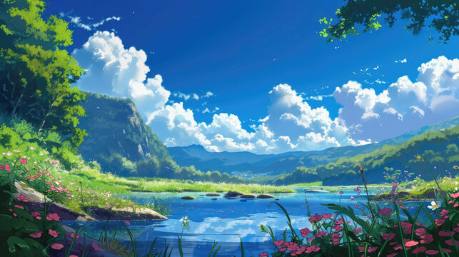 Natural Harmony Illustration of Scenery with a Marvelous Lake