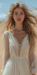 Fototapeta na wymiar Wunderschönen Frau mit langen fliegenden Haaren läuft im weißen Kleid am Strand, ai generativ