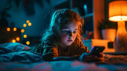 A child indulging in screen usage at night in their bedroom, leading to screen dependency.