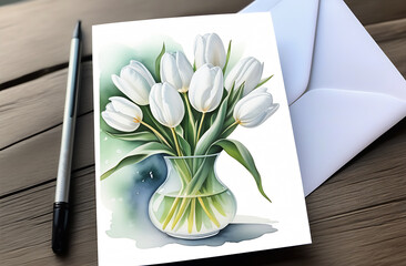 White tulips on a light background, postcard, watercolor drawing, copy-space