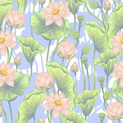 Floral spring seamless pattern Pink lotus flowers on purple and white background
