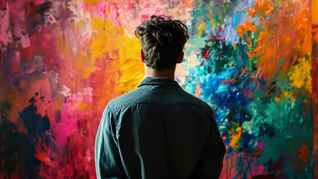 A Man Stands With His Hands Clasped Behind His Back, Intently Studying A Vibrant Abstract Painting.