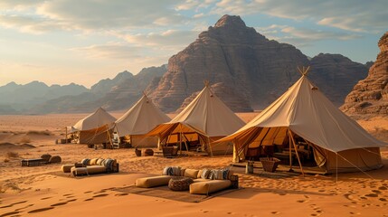 Sunset Serenade: A Tent-Camping Adventure in the Desert Generative AI - obrazy, fototapety, plakaty